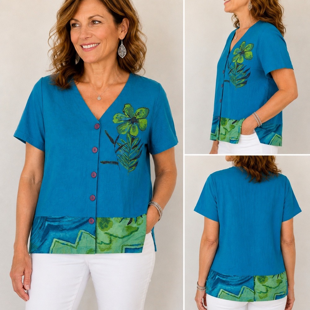 Kaktus Womens XL Turquoise Blue Floral Beaded Mixed Media Linen Blend Button Top